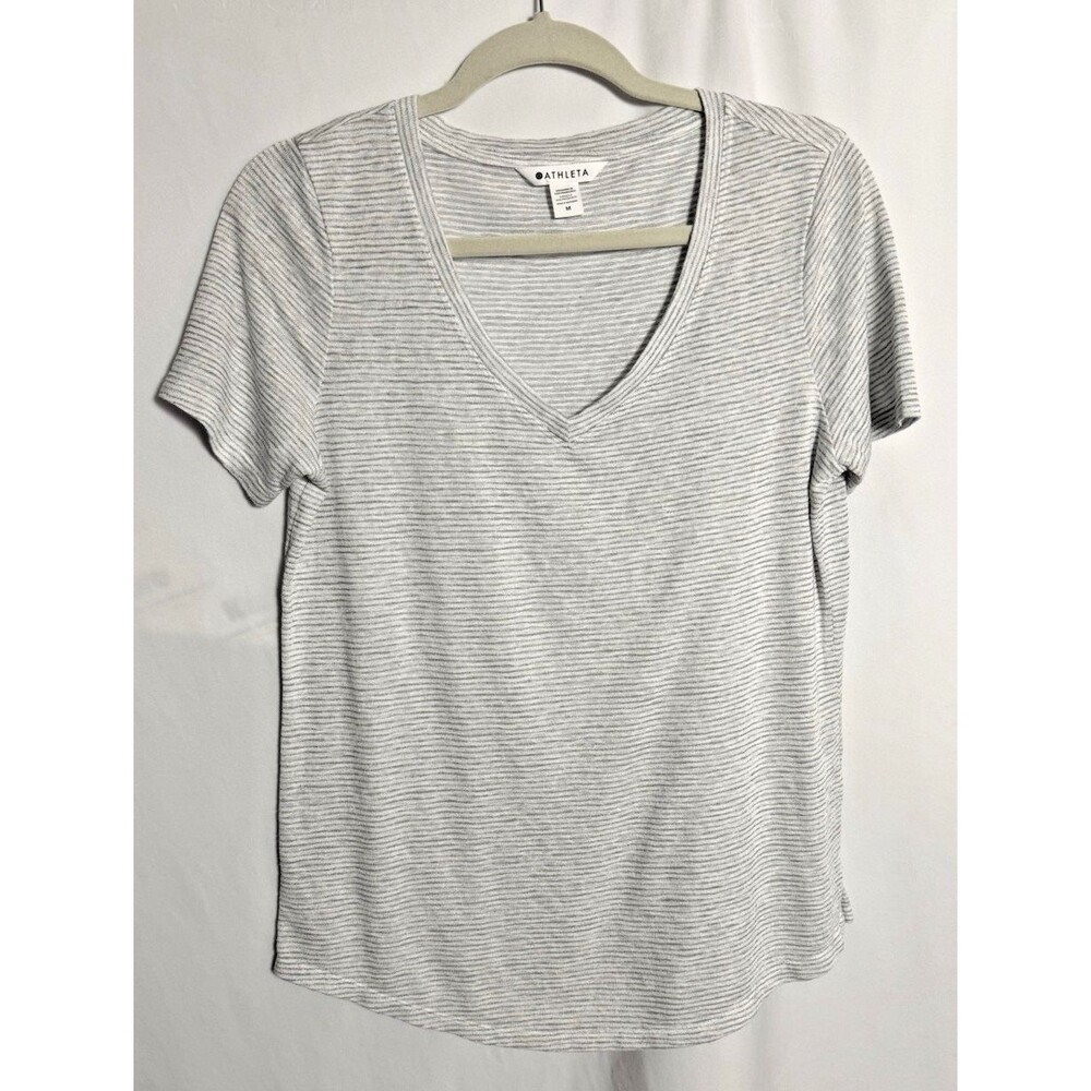 Athleta Women's Short Sleeve T Shirt Top Gray White Striped V Neck Size Medium